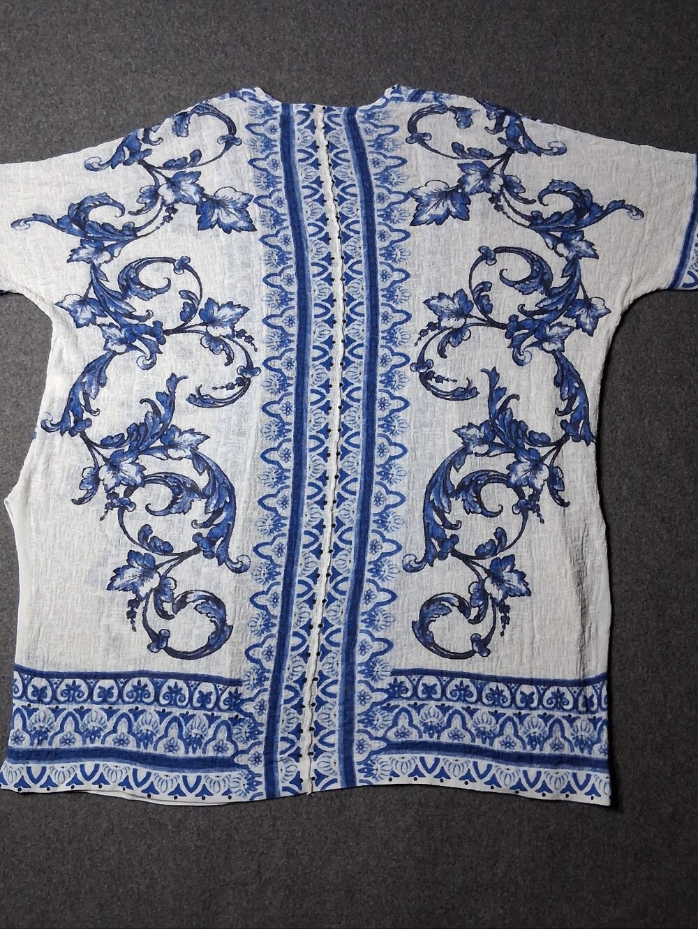 Chico's Womens Blue White Baroque Open Front 3/4 Sleeve Kimono Cardigan Top 2 L - Picture 8 of 10